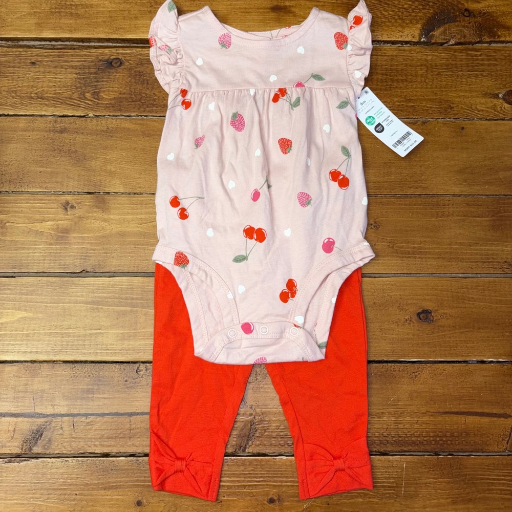 Carter's Bodysuit and Pants Set Baby 6M Pink‎ Red Cherry Strawberry Print Ruffle